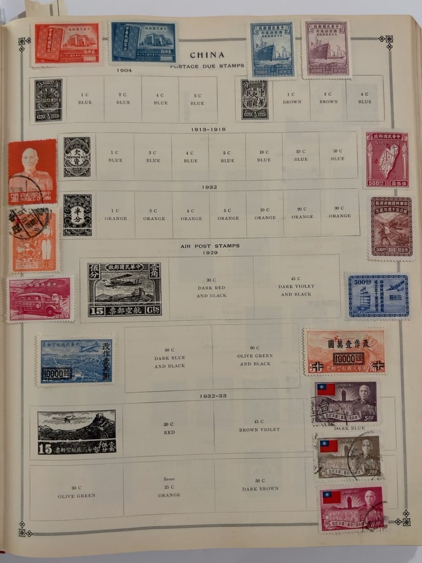 China Postage Due, Airmail & High-Denomination Stamp Collection Page: Mixed Chinese collection page featuring early postage-due and airmail issues together with later high-denomination Republic of China stamps. Designs include aircraft, ships, vehicles, Sun Yat-sen, Chi