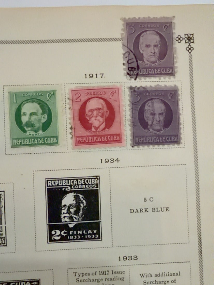 Cuba 1917 Jos Mart & Statesmen Postage Stamp Group: Group of four used Cuban portrait stamps centered on the 1917 issue. Includes Jos? Mart? and other Cuban statesmen in 1-, 2- and 3-centavo denominations, with two examples of the 3-centavo design. Vis
