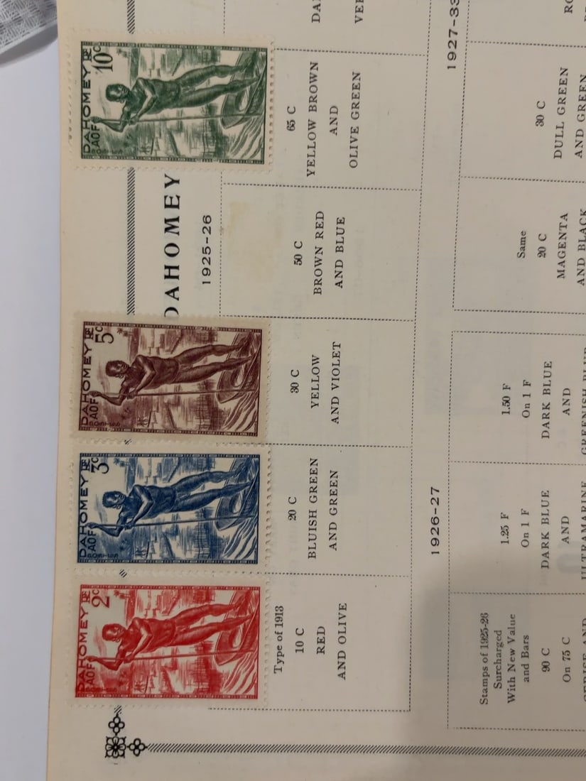 French Colonial Dahomey 1925-1926 Fisherman Stamp Group: Group of four French colonial Dahomey postage stamps in 2c, 3c, 5c and 10c denominations, featuring a fisherman or worker in a waterside scene. Mounted on an album page with condition as photographed.