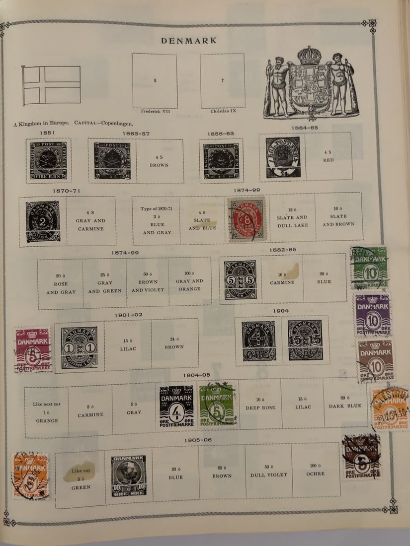 Denmark 1851-1906 Classic Postage Stamp Collection Page: Vintage album page containing approximately 20 Danish stamps, including early square issues, numeral and coat-of-arms designs and King Christian IX portraits. Mixed cancellations, centering and condit