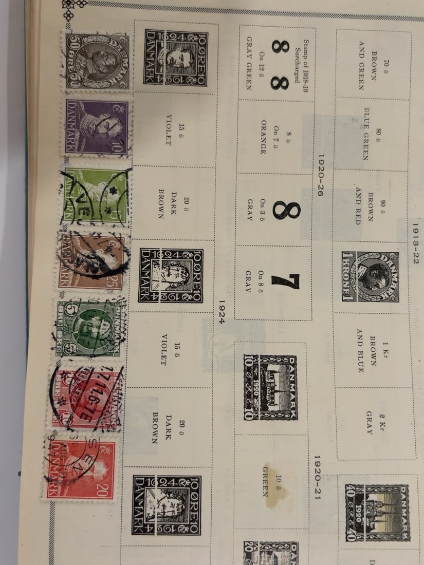 Denmark 1913-1924 King Christian X Postage Stamp Group: Album page containing approximately 12 Danish stamps, including King Christian X portrait definitives and commemorative designs. Mixed denominations, cancellations and condition visible.