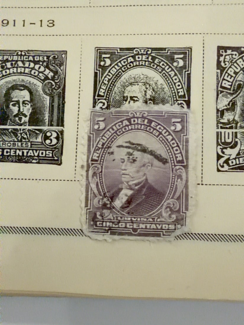 Ecuador 1911 5 Centavos Portrait Postage Stamp: Vintage Ecuador 5 centavos portrait stamp in violet-gray, mounted on an illustrated album page. Used example with a visible circular cancellation; condition as photographed.