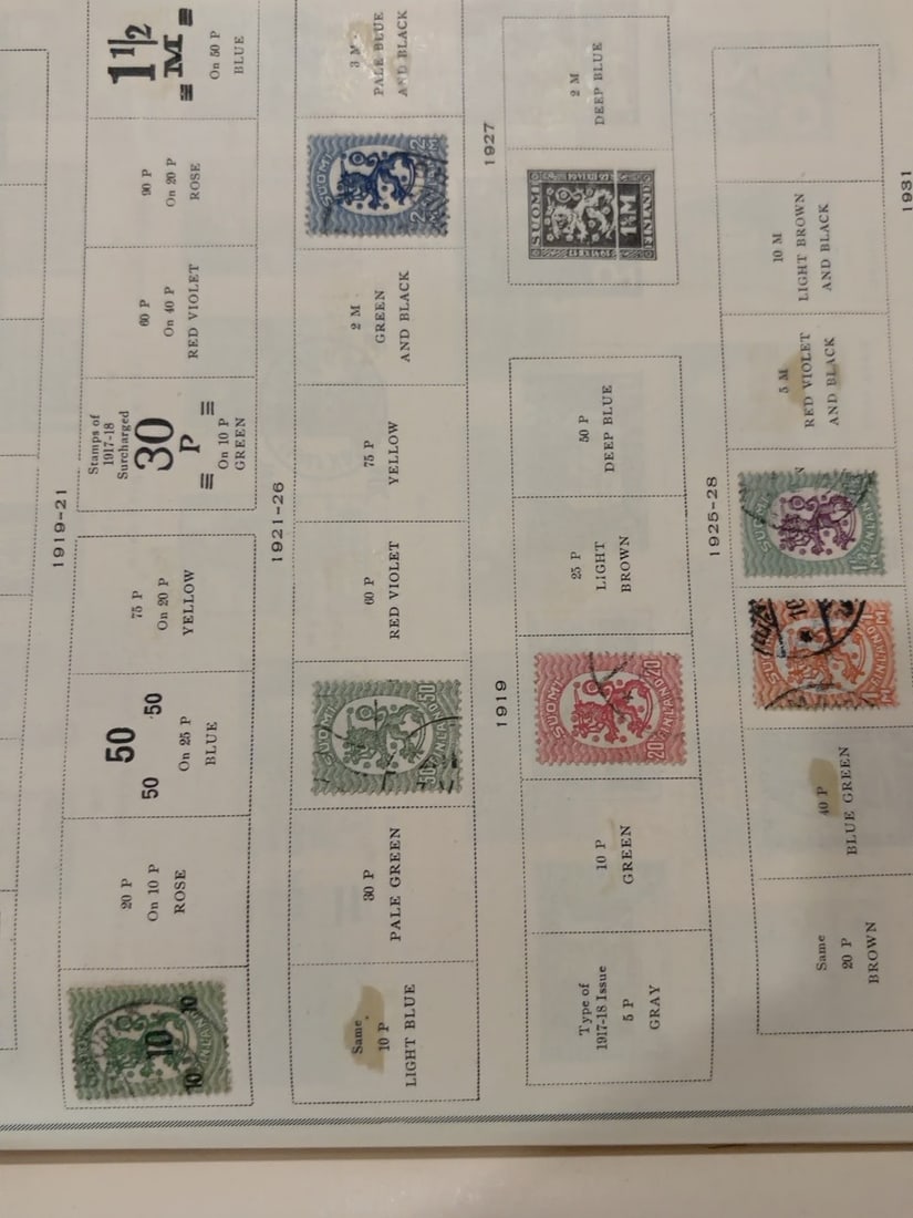 Finland 1919-1931 Coat of Arms Postage Stamp Collection Page: Vintage album page containing approximately seven Finnish stamps, including coat-of-arms designs and surcharged denominations. Mixed cancellations, centering and condition visible.