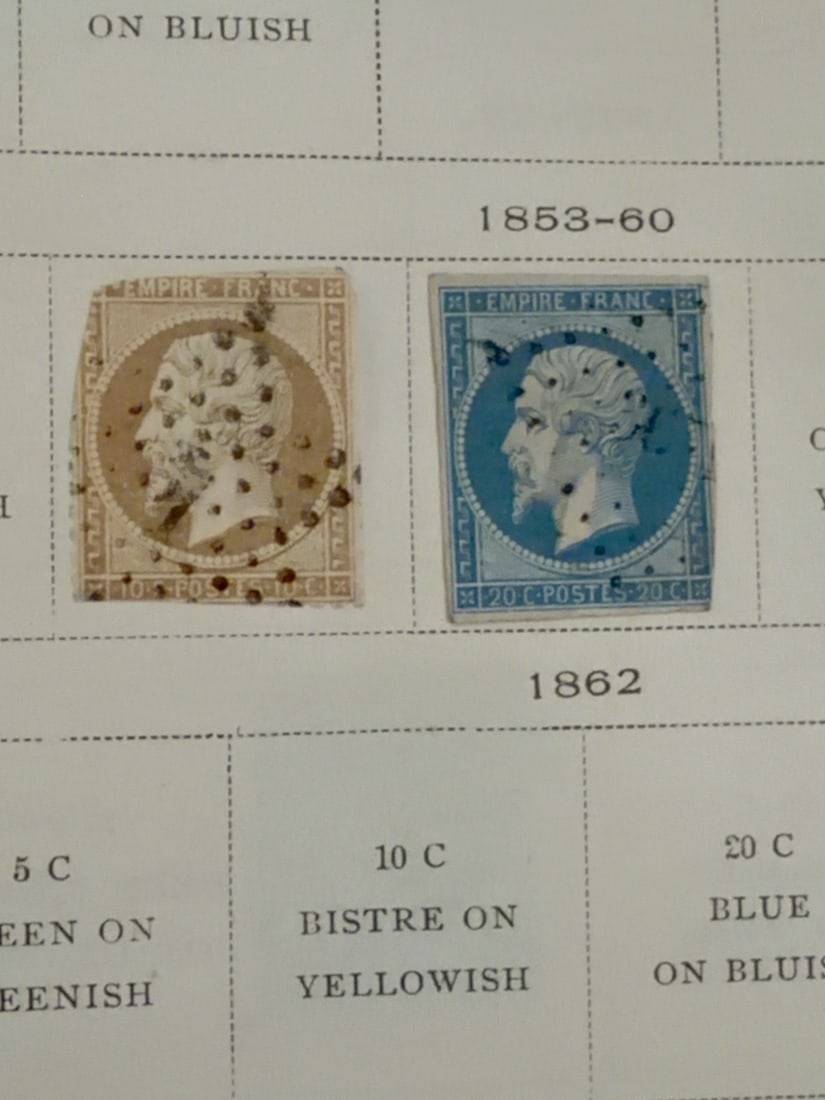 France 1853-1860 Napoleon III 10c and 20c Stamp Pair: Pair of classic French Empire imperforate postage stamps featuring Napoleon III, comprising a 10-centime bistre example and 20-centime blue example. Both are used with dotted numeral-style cancellatio