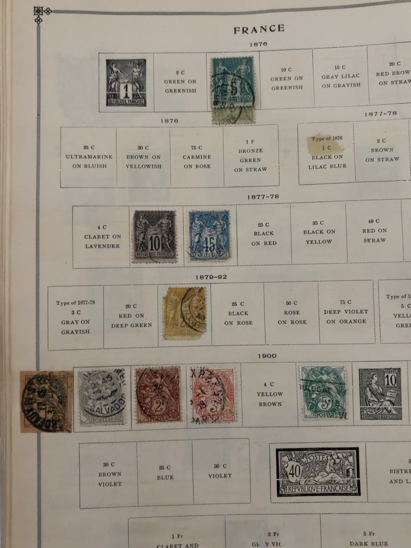 France 1902-1924 Sower Postage Stamp Collection Page: Album page containing approximately 10 French Sower-design stamps from the early 20th century. Includes several denominations, colors and printings with mixed postal cancellations and condition.