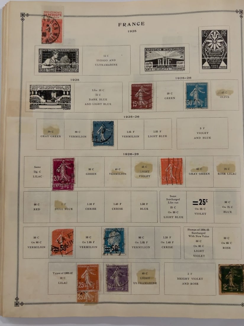 France 1927-1934 Commemorative and Definitive Stamp Collection Page: Album page containing approximately 25 French postage stamps, including Sower definitives, architectural subjects, portraits, commemoratives and charitable labels. Mixed denominations, cancellations a