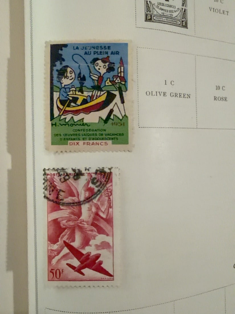 France 50 Centimes F.M. Military Franchise Overprint Stamp: Vintage French 50-centime postage stamp bearing a bold F.M. military-franchise overprint. Used example mounted on an album page with centering, cancellation and condition as photographed.