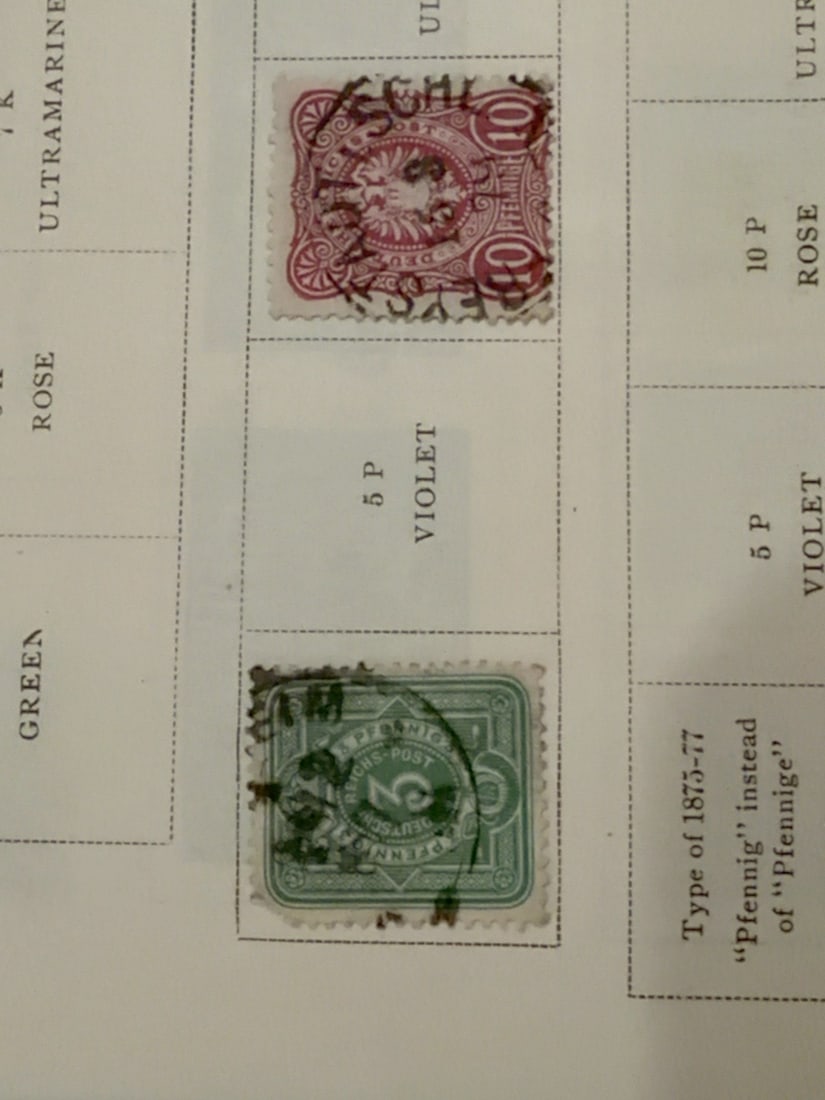 Germany 1889-1911 Imperial Eagle and Germania Stamp Collection Page: Vintage album page containing approximately eight German Empire stamps, including Imperial Eagle and Germania designs in multiple denominations and colors. Mixed cancellations, centering and condition
