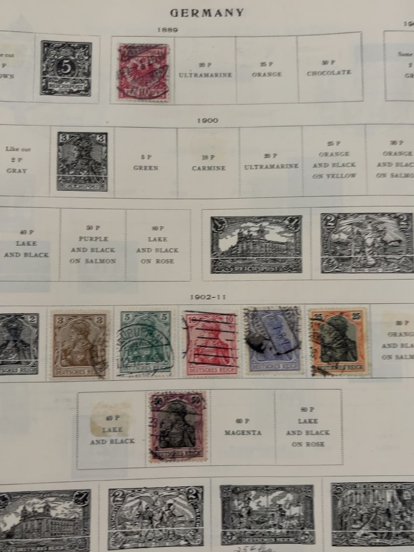 Germany 1919-1922 Early Weimar Postage Stamp Collection Page: Album page containing approximately 11 German stamps, including Germania issues, a 250-mark commemorative and colorful numeral definitives. Mixed used and unused appearance with varied condition.