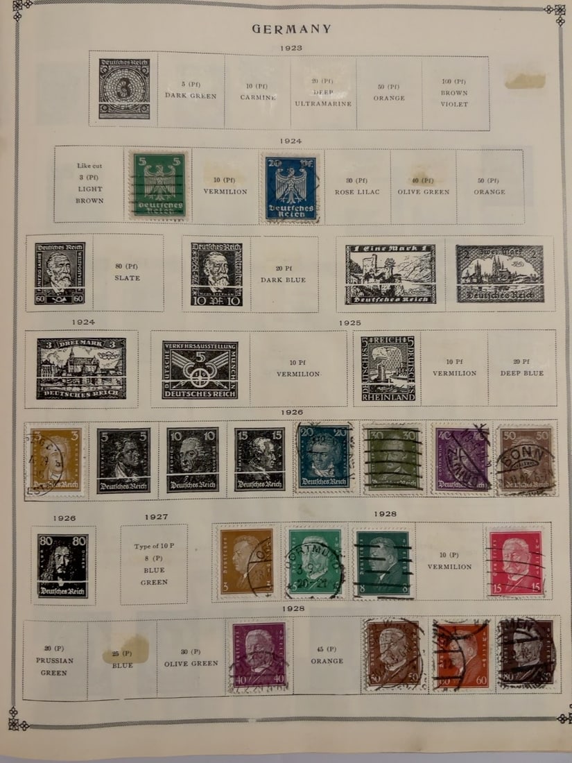 Germany 1923?1928 Weimar Republic Stamp Collection: Collection of German postage stamps dating from approximately 1923?1928, including eagle, portrait and numeral designs. Mixed used condition with cancellations and age-related wear. Presented on the o