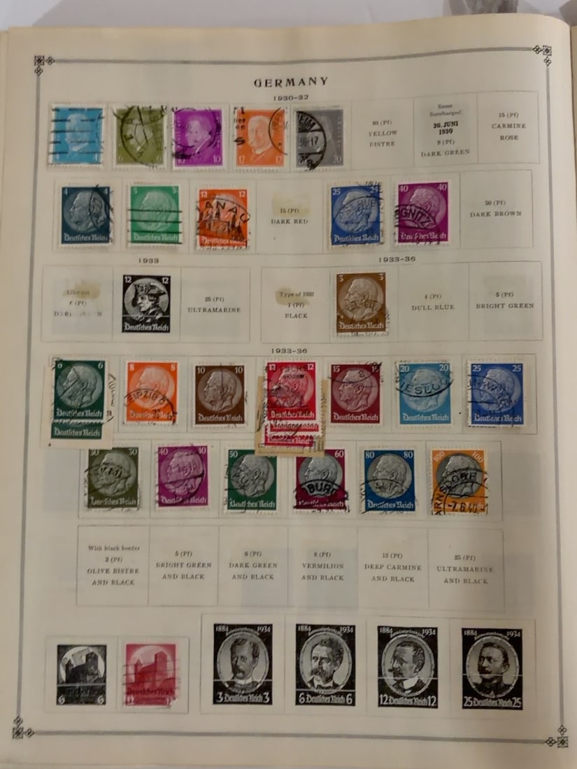 Germany 1930-1934 Hindenburg & Third Reich Stamps: German stamp collection featuring Hindenburg portrait issues and other postage stamps dating from approximately 1930?1934. Primarily used examples with various cancellations. Presented on the original