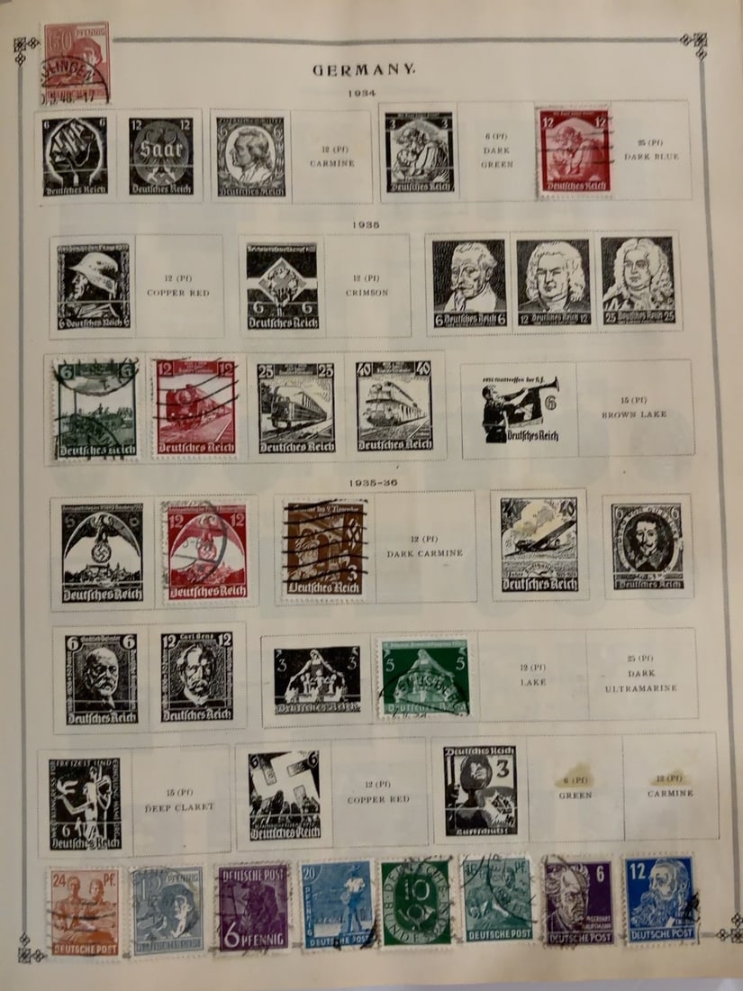 Germany 1934-1948 Third Reich & Postwar Stamps: Mixed German stamp collection dating from the Third Reich period through the early postwar years. Includes commemorative, transportation, architectural and Deutsche Post issues. Mixed used condition w