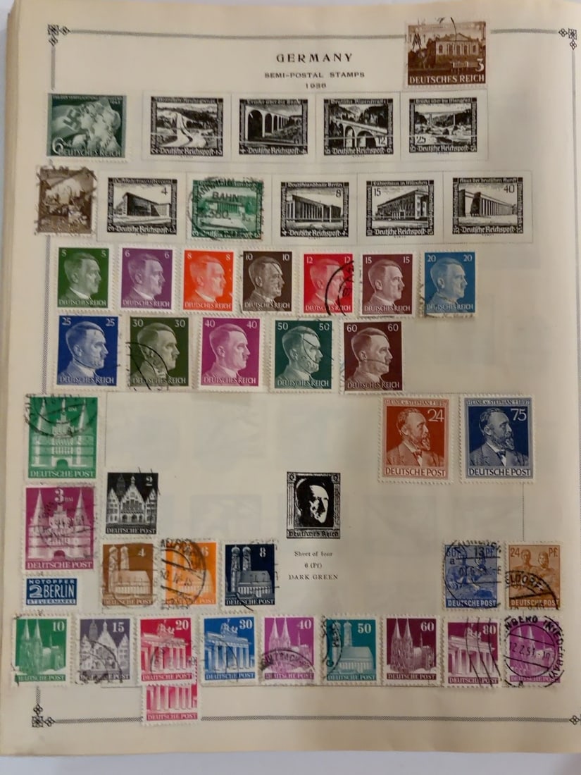 Germany Third Reich Hitler & Deutsche Post Stamps: German stamp collection featuring Third Reich semipostal issues, Adolf Hitler portrait definitives and early postwar Deutsche Post architectural stamps. Includes canceled and apparently unused example