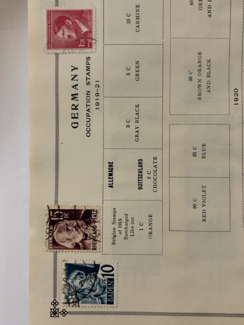 Germany 1919-1921 Occupation Stamps: Small group of German occupation-period stamps dating from approximately 1919?1921, including Baden and Rheinland-Pfalz issues. Three canceled stamps are presented on the original album page. Examine 