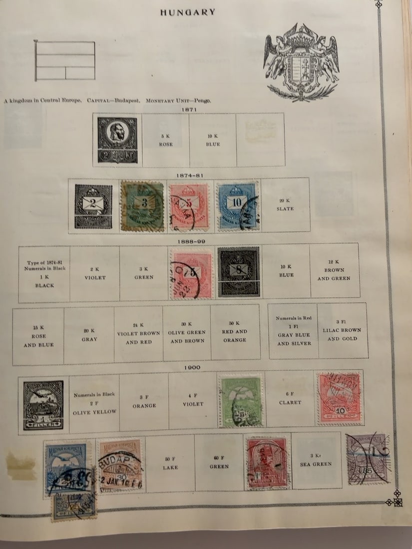Hungary 1871?1900 Classic Stamp Collection: Collection of early Hungarian postage stamps dating from approximately 1871?1900. Includes numeral, crown, envelope and portrait designs in assorted denominations and colors. Predominantly used condit