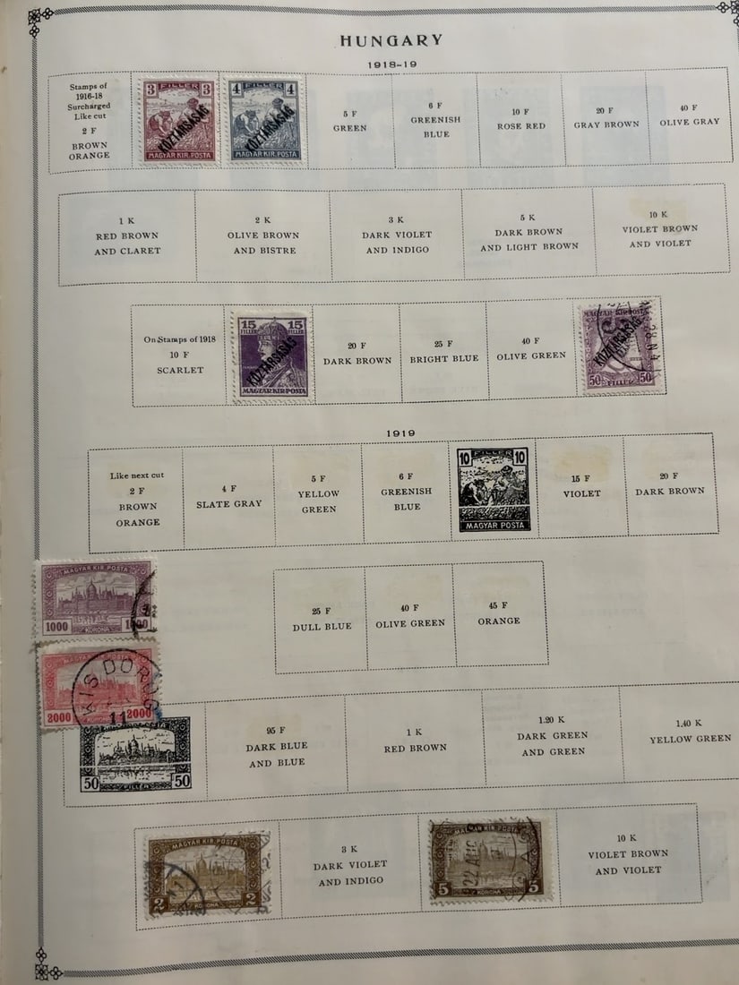 Hungary 1918?1919 Overprinted Republic Stamp Collection: Hungarian stamp collection from the revolutionary and early republic period, featuring ?K?zt?rsas?g? overprints, Parliament designs and assorted denominations. Mixed used condition on an original part