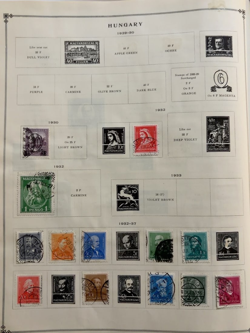 Hungary 1929-1937 Portrait & Commemorative Stamp Collection: Assorted Hungarian postage stamps dating from approximately 1929?1937, including portrait, allegorical and commemorative issues in multiple colors and denominations. Primarily used with visible cancel