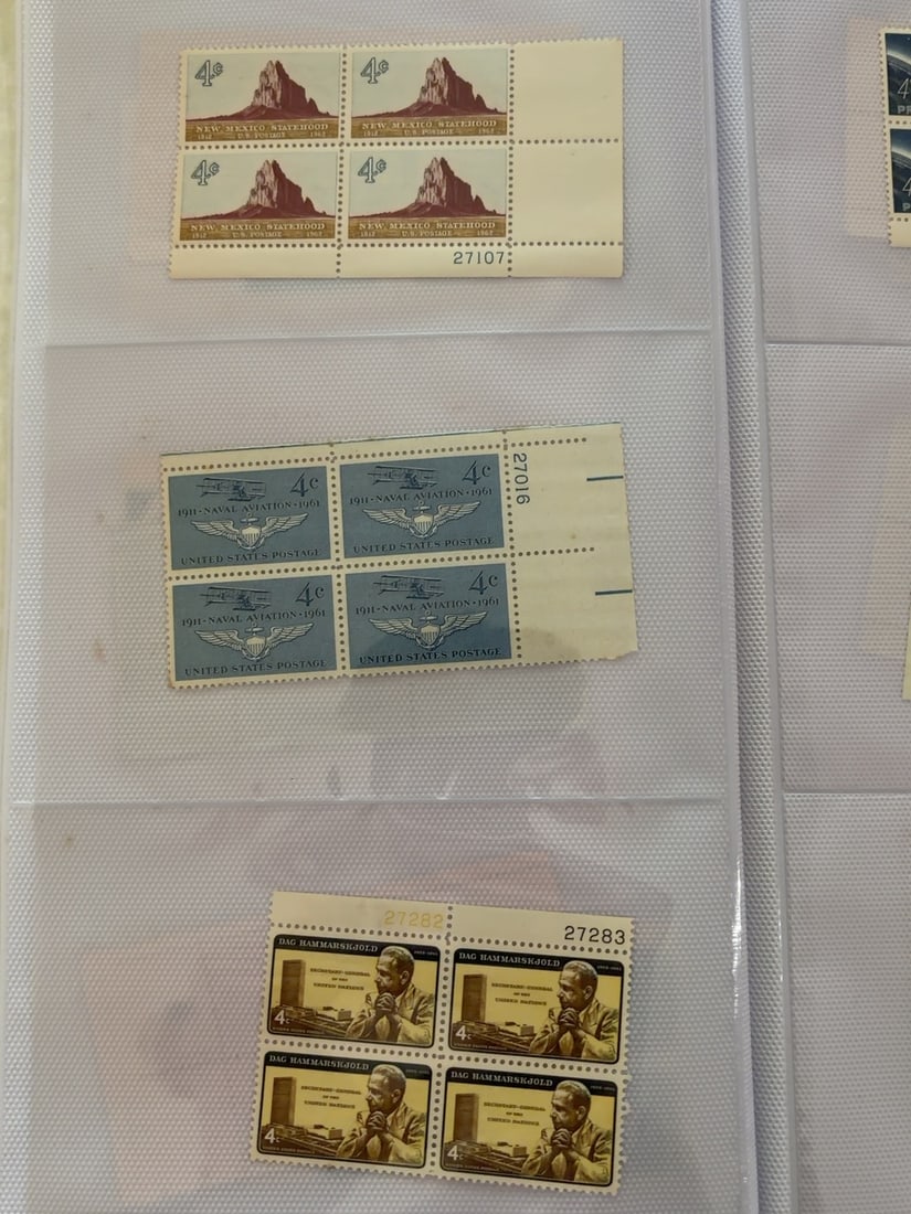 U.S. New Mexico Naval Aviation & Dag Hammarskjold Plate Blocks: Three vintage U.S. four-stamp plate blocks commemorating New Mexico Statehood, the 50th Anniversary of Naval Aviation and United Nations Secretary-General Dag Hammarskjold. Blocks retain attached numb