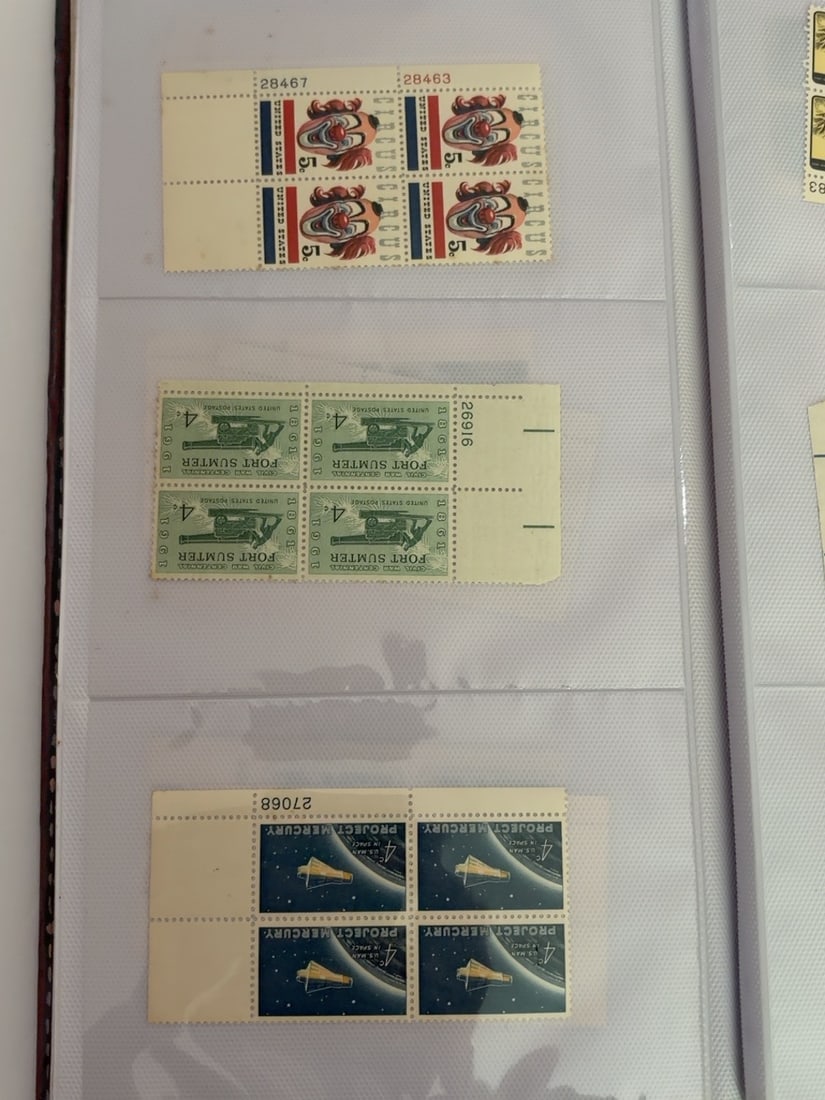 U.S. Circus Fort Sumter & Project Mercury Plate Blocks: Three vintage U.S. four-stamp plate blocks featuring American circus imagery, the Civil War Centennial Fort Sumter issue and the Project Mercury space program. Each retains attached selvage and visibl