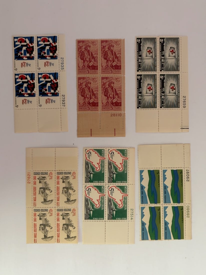 U.S. 1960s Red Cross West Virginia Canada & Centennial Plate Blocks: Group of six vintage U.S. four-stamp plate blocks featuring the Red Cross, West Virginia Centennial, Canadian Centennial, city mail delivery and additional American commemorative subjects. Attached se