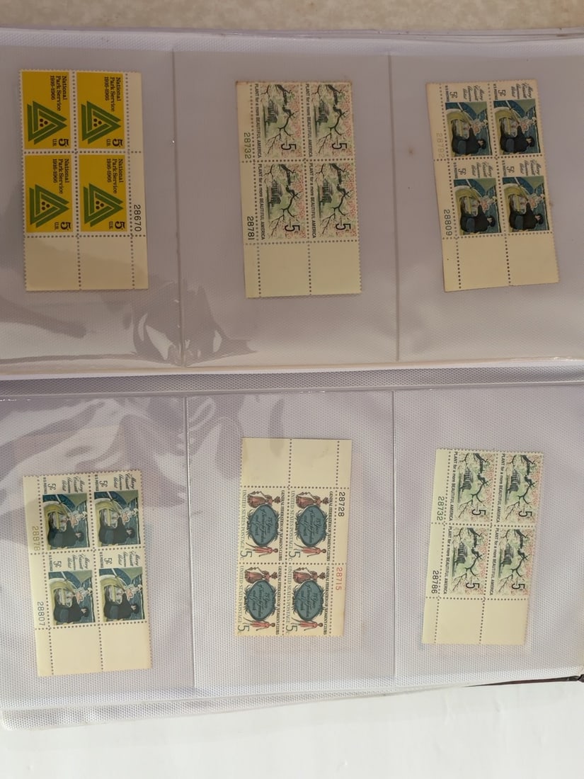 U.S. Radio Amateur Service Beautification & Music Plate Blocks: Group of six vintage U.S. four-stamp plate blocks featuring National Radio Amateur Service, Plant for a More Beautiful America, American music and the General Federation of Women?s Clubs. Blocks retai