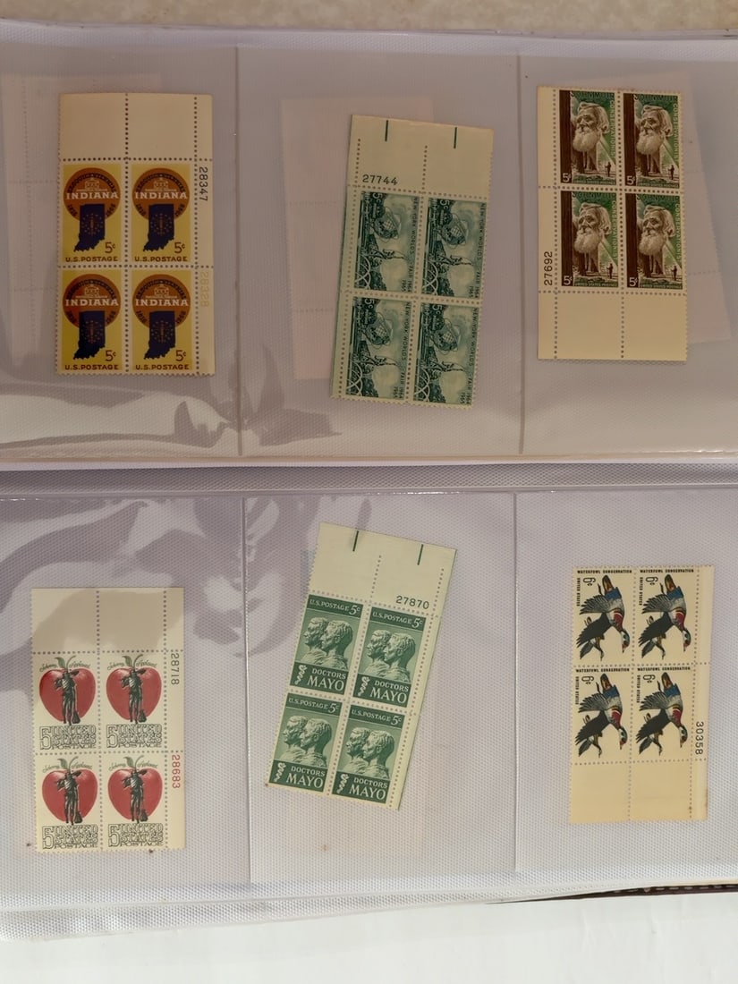 U.S. Indiana John Muir Doctors Mayo & Wildlife Plate Blocks: Group of six vintage U.S. four-stamp plate blocks commemorating Indiana Statehood, the New York World?s Fair, John Muir, Johnny Appleseed, the Doctors Mayo and waterfowl conservation. Blocks retain at