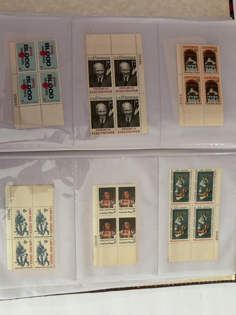 U.S. Eisenhower California Law & Order Plate Blocks: Group of six vintage U.S. four-stamp plate blocks featuring blood donation, President Dwight D. Eisenhower, California?s 1969 anniversary, Law and Order, Chief Joseph and William M. Harnett?s American