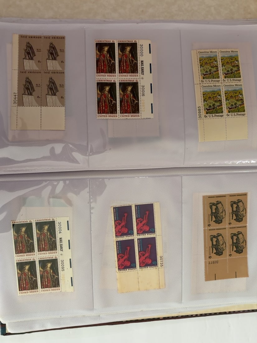 U.S. Leif Erikson Christmas Grandma Moses & Wildlife Plate Blocks: Group of six U.S. four-stamp plate blocks featuring Leif Erikson, traditional Christmas artwork, Grandma Moses, Register and Vote, veterans and wildlife conservation subjects. Blocks include attached 