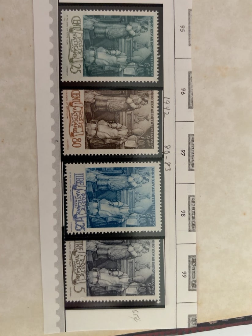 1942 Vatican City 25c?5 Lire Episcopal Jubilee Stamp Set: Four-stamp Vatican City set issued in 1942 for the 25th anniversary of the episcopacy of Pope Pius XII. Includes 25-centesimi, 80-centesimi, 1.25-lire and 5-lire denominations. Stamps appear unused