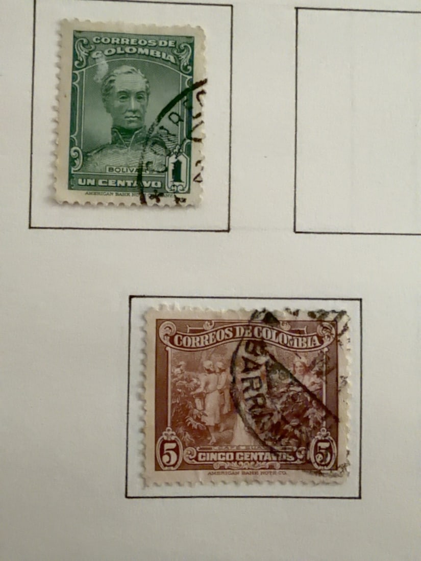 Colombia 5-Centavos Coffee Harvest Stamp: Vintage Colombia 5-centavos brown postage stamp depicting workers harvesting coffee. Used with a bold postal cancellation and visible toning and handling wear. Offered as photographed.