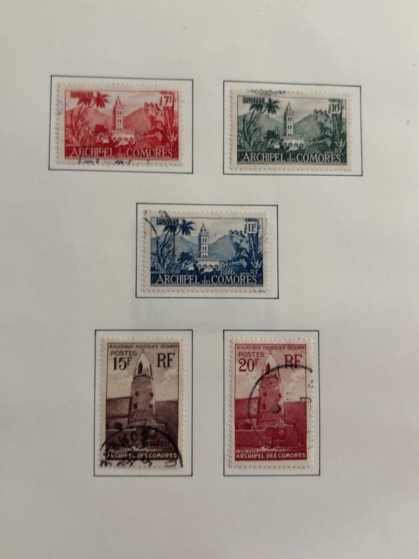 Comoros Islands Architecture Stamp Group: Five vintage Archipel des Comores postage stamps featuring island architecture and mosque scenes, including 7fr, 10fr, 11fr, 15fr and 20fr denominations. Used examples with visible cancellations; moun