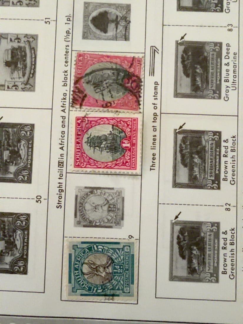 South Africa Springbok and Sailing Ship Stamp Group: Group of three vintage South African postage stamps comprising one 2?-pence springbok design and two one-penny sailing-ship issues. Used examples with visible postal cancellations; mounted on a