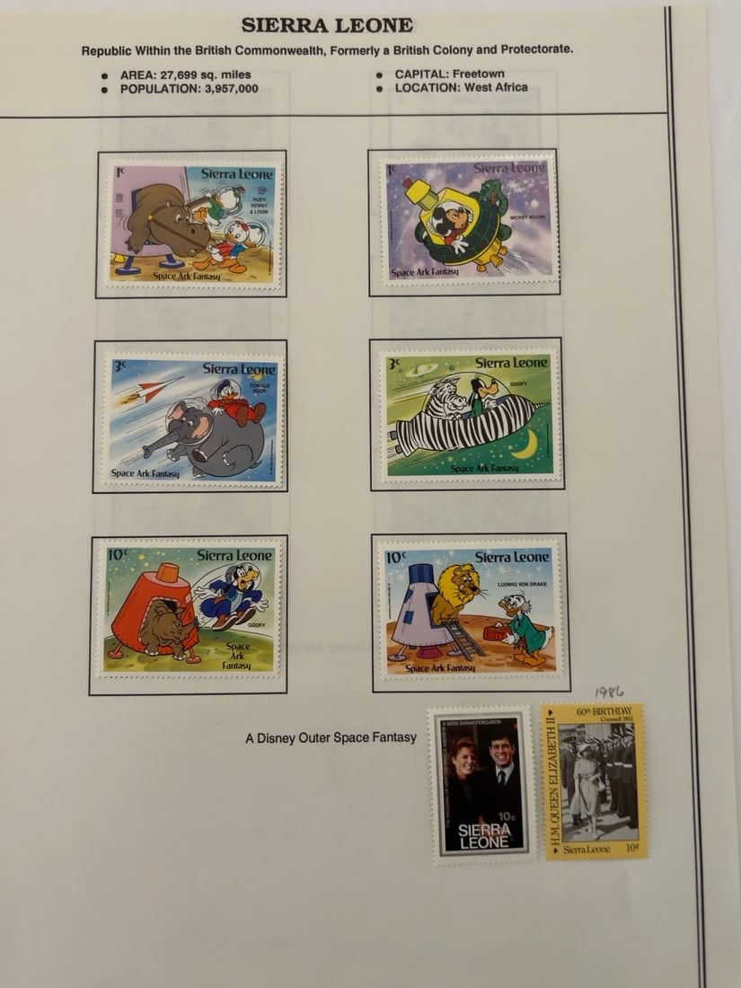Sierra Leone Disney Space Ark and Royalty Stamps: Album group containing six Sierra Leone Disney ?Space Ark Fantasy? stamps featuring Mickey Mouse, Donald Duck, Goofy and other characters, plus two 1986 royal commemoratives. Stamps appear unused and