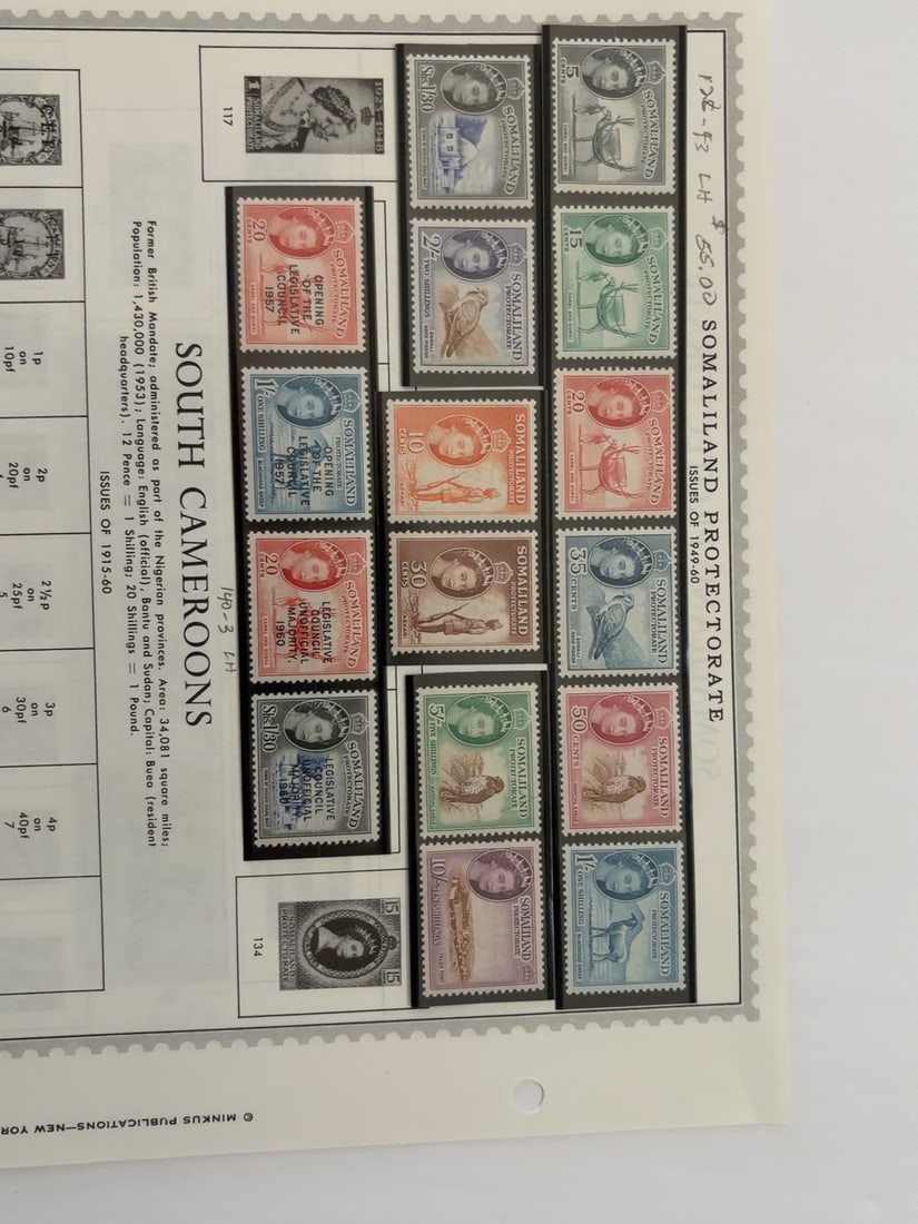 Somaliland Protectorate Pictorial and Overprint Stamps: Group of approximately 16 Somaliland Protectorate stamps featuring Queen Elizabeth II, native wildlife, buildings and landscapes. Includes several Legislative Council opening overprinted issues.