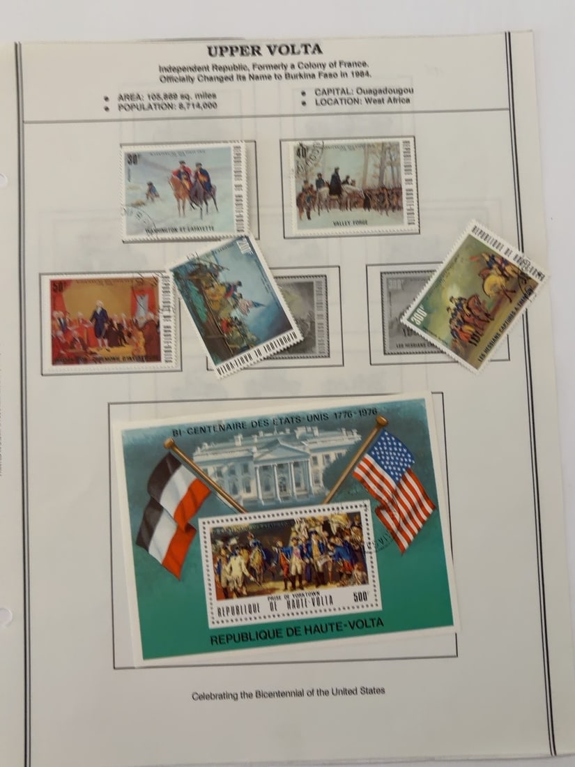 Upper Volta U.S. Bicentennial Stamp and Souvenir Sheet Group: Group of five Upper Volta stamps depicting historic American scenes, accompanied by a United States Bicentennial souvenir sheet featuring the White House and John Trumbull?s surrender of Cornwallis
