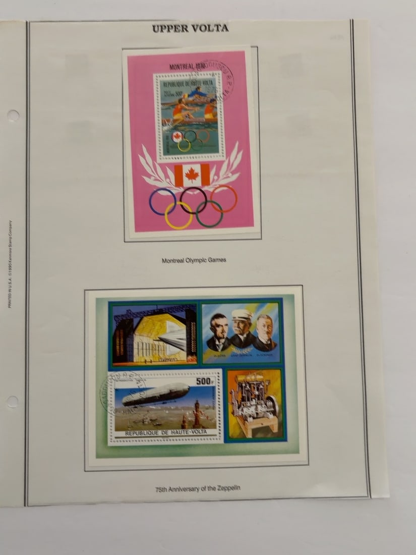 Upper Volta Montreal Olympics and Zeppelin Souvenir Sheets: Pair of Upper Volta souvenir sheets comprising a Montreal 1976 Olympic Games rowing design and a 75th-anniversary Zeppelin sheet featuring an airship and aviation pioneers. Both display cancellation