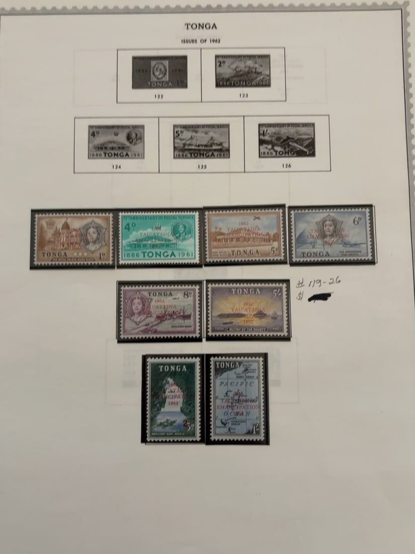 1961-1962 Tonga Postal Anniversary Stamp Collection: Group of eight Tonga stamps commemorating the 75th anniversary of postal service and the 1962 centenary of emancipation. Designs feature Queen Salote, historic buildings, ships, aircraft and island