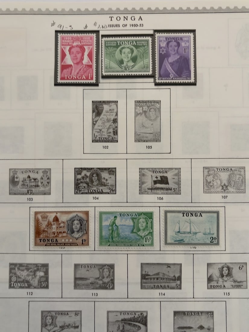 1950-1953 Tonga Queen Salote Stamp Group: Group of six Tonga stamps from the early 1950s featuring Queen Salote, royal anniversaries, the palace, fishing and sailing vessels. Stamps appear unused and are mounted in black holders on a vintage