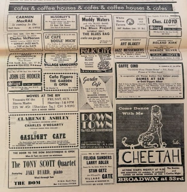 1966 NYC Music Concert Lineup Ad Poster: Original vintage newspaper page featuring numerous 1970s New York-area music and nightlife advertisements including Tony Scott Quartet, Village Gate, Village Vanguard, Jazz Messengers, Muddy Waters