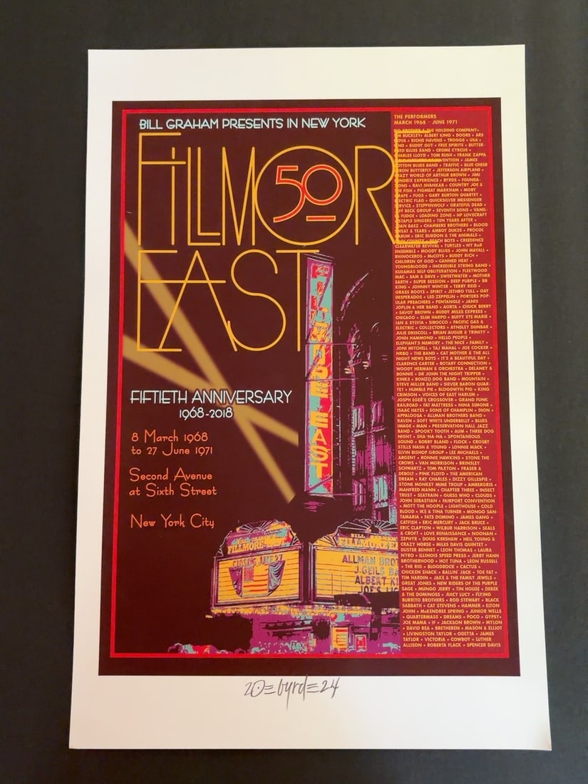 Bill Graham Fillmore East 50th Anniversary David Byrd Signed Poster: Color commemorative poster celebrating the 50th anniversary of Bill Graham's Fillmore East in New York. Measures 11x17