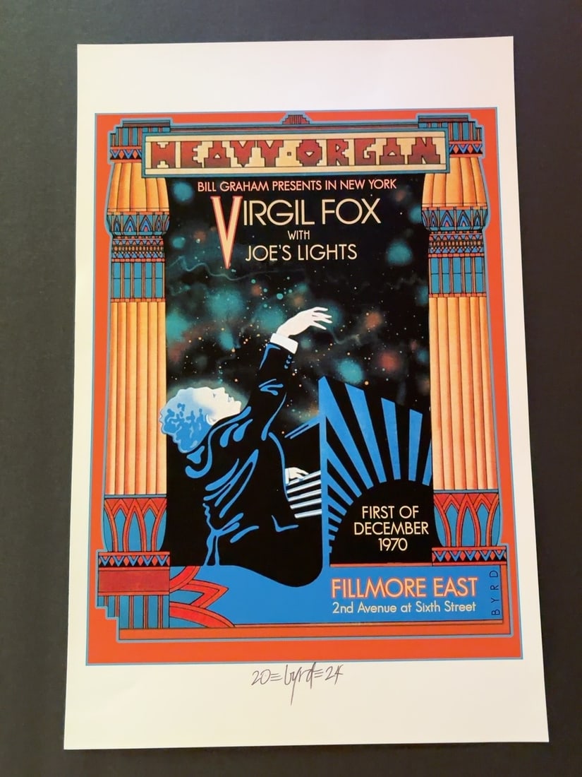 Bill Graham Fillmore East Virgil Fox David Byrd Signed Poster: Color Fillmore East poster advertising Virgil Fox with Joe's Lights, presented by Bill Graham in New York. Measures 11x17