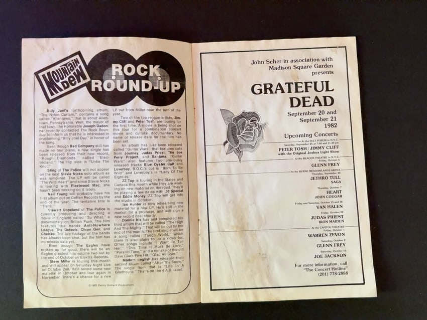 1982 Grateful Dead Madison Square Garden Concert Program: Vintage 1982 music publication featuring a large advertisement for Grateful Dead concerts at Madison Square Garden September 20 and 21, 1982
