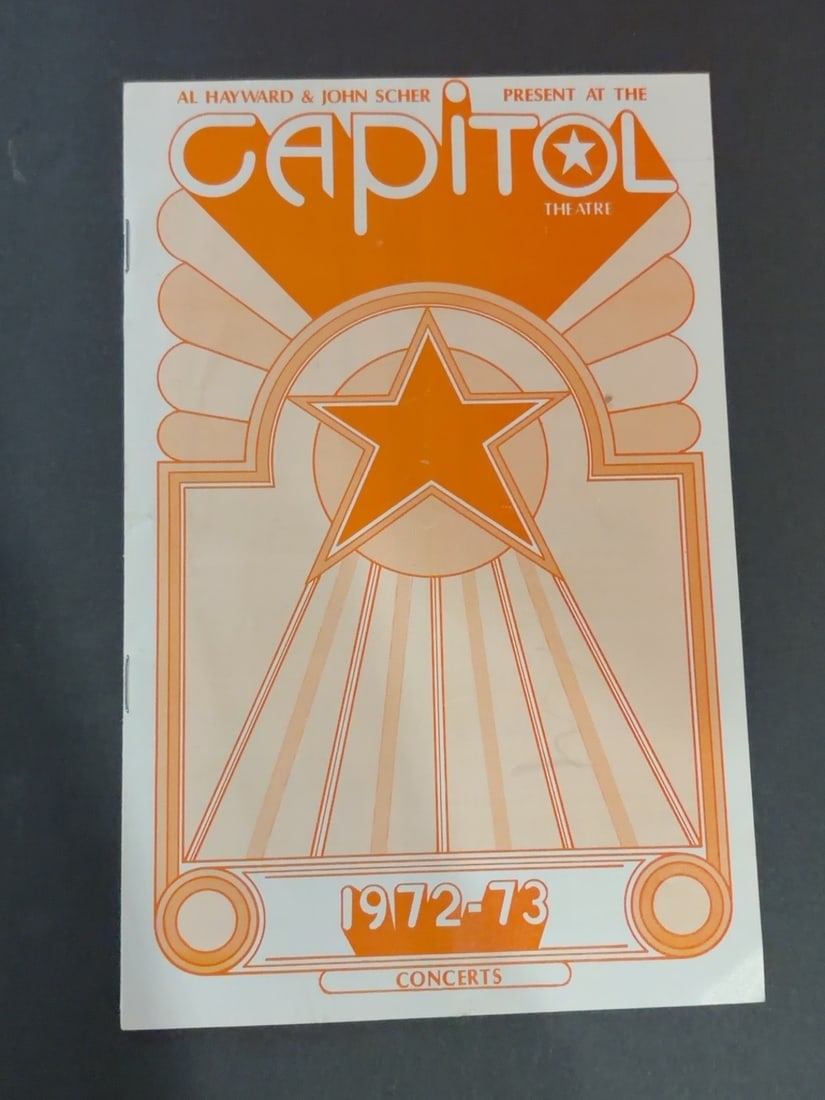 Capitol Theatre 1972-73 Concert Program: Al Hayward and John Scher Capitol Theatre 1972-73 concerts program featuring bold orange star and Art Deco-style cover graphics.