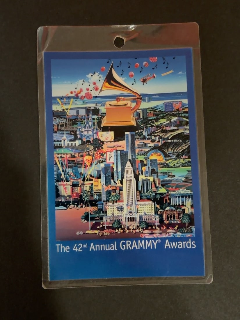 42nd Annual Grammy Awards Event Pass: 42nd Annual Grammy Awards event pass or credential featuring colorful Los Angeles and gramophone artwork. Issued in connection with the 42nd Grammy Awards held in 2000.