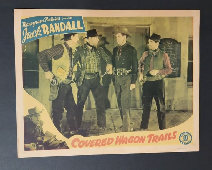 Covered Wagon Trails Vintage Western Movie Lobby Card: Vintage Western movie lobby card for Covered Wagon Trails, presented by Monogram Pictures and starring Jack Randal. measures 14x11