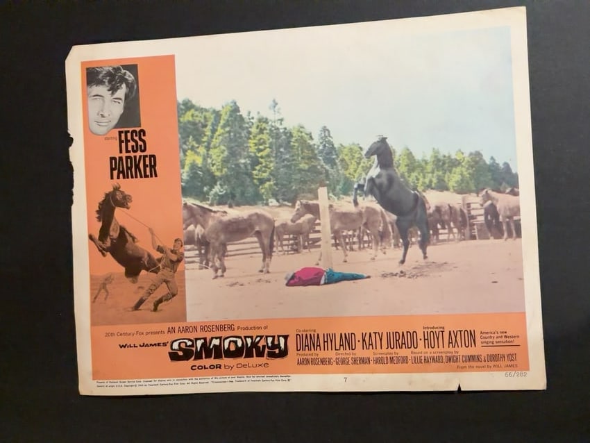 Smoky 1966 Original Movie Lobby Card Fess Parker Diana Hyland: Original 20th Century-Fox color lobby card from the 1966 Western Smoky, starring Fess Parker with Diana Hyland, Katy Jurado and Hoyt Axton. Numbered 66/282 and marked No. 7. measures 11x`14