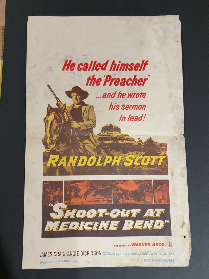 Shoot-Out at Medicine Bend 1957 Original Movie Poster: Original Warner Bros. theatrical poster for the 1957 Western Shoot-Out at Medicine Bend, starring Randolph Scott, James Craig and Angie Dickinson. Striking Western artwork with classic cowboy imagery.