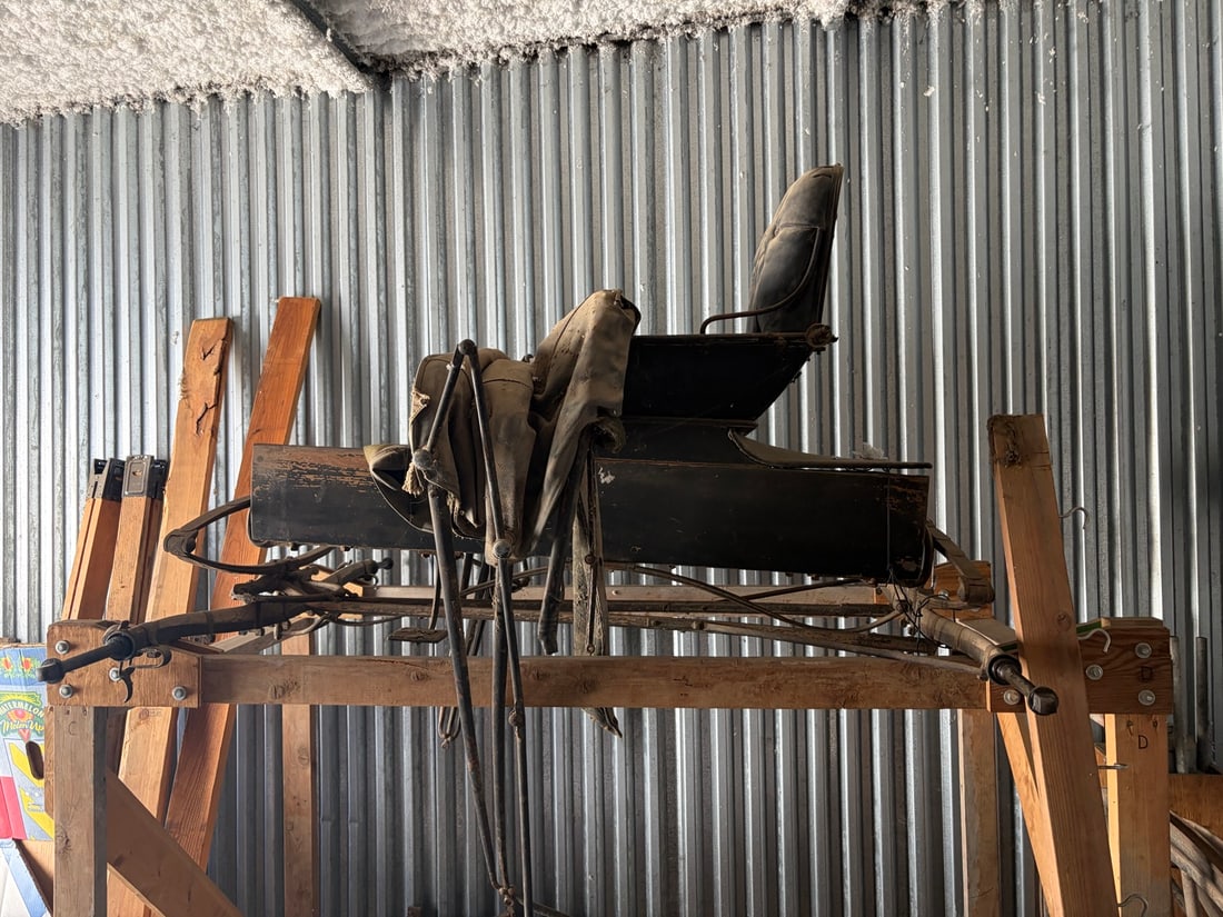 Antique Horse-Drawn Carriage or Buggy: Antique horse-drawn carriage or buggy with wood and metal construction, upholstered seating, suspension components, shafts and period hardware. Stored condition with substantial age-related wear,