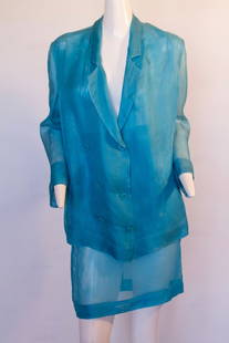 Yves Saint Laurent Rive Gauche, Blue Sheer Ensemble: Yves Saint Laurent Rive Gauche, Blue Sheer EnsembleYves Saint Laurent Rive Gauche, 100% silk, blue top and skirt ensemble. Blazer top has Yves Saint Laurent etched buttons.Sz 46Blazer top measures 29"