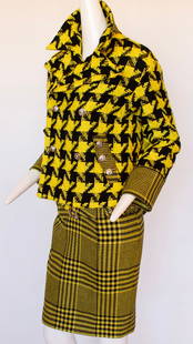 Versace by Donatella Houndstooth Skirt and Blazer Ensemble, 2004: Versace by Donatella Houndstooth Skirt and Blazer Ensemble, 2004Paris Buckingham (played by Diamond White) on The Bold and the Beautiful on CBS was spotted wearing this yellow houndstooth jacket on Th